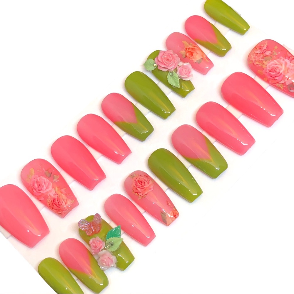 Custom Handmade Press On Nails UV Gel Long Coffin Pink Spring Roses Summer Nails - Picture 8 of 9